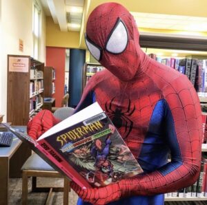 Spider-Man performer at a superhero-themed birthday party in Los Angeles.