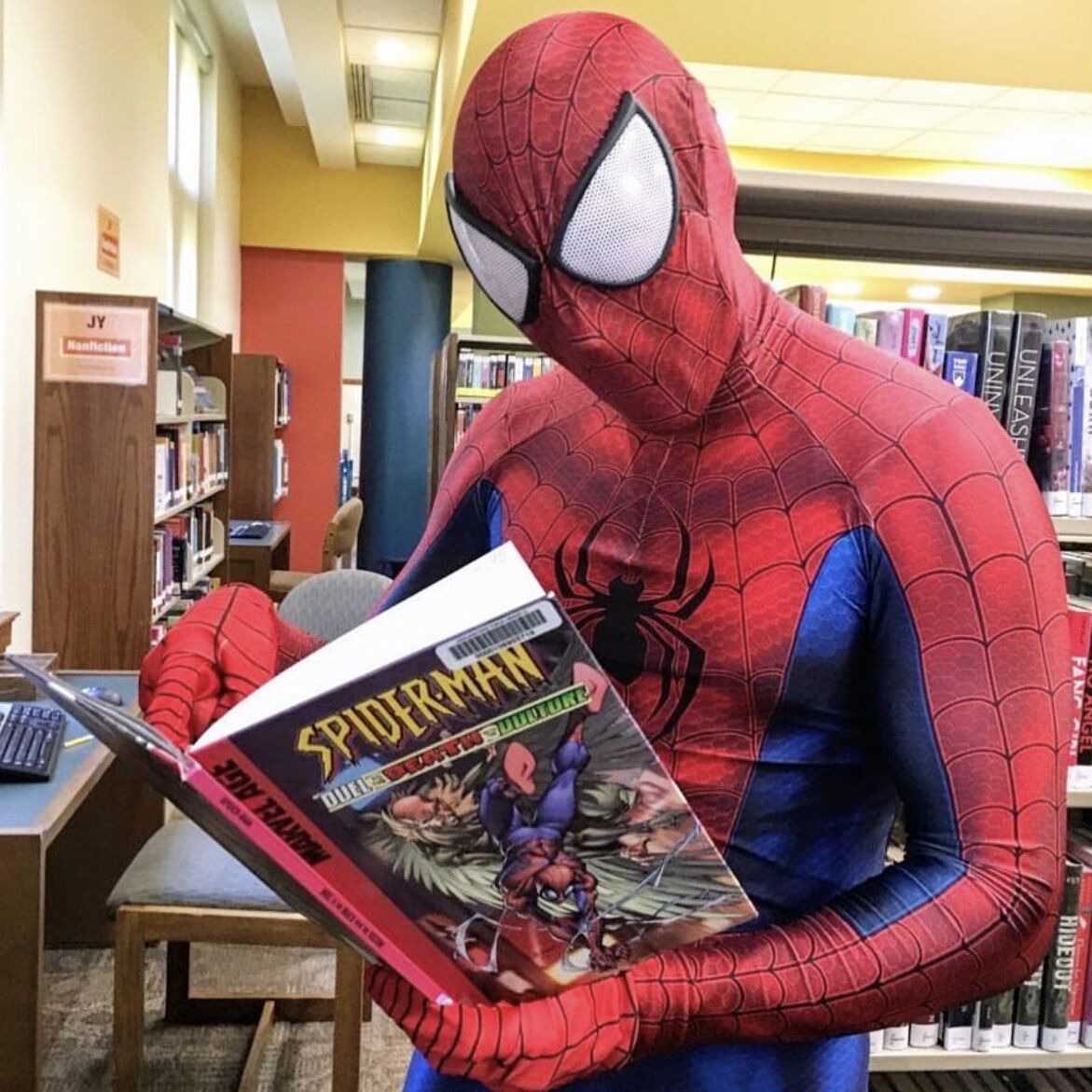 Spider-Man performer at a superhero-themed birthday party in Los Angeles.